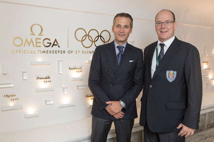El Presidente y CEO de OMEGA, Raynald Aeschlimann. Alberto I I de Monaco. OMEGA House en Rio de Janeiro